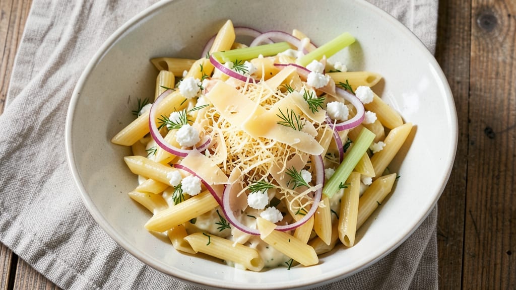 Cheesy Pasta Salad Recipe: Crisp Celery Crowns and Melty Cheese Fusion