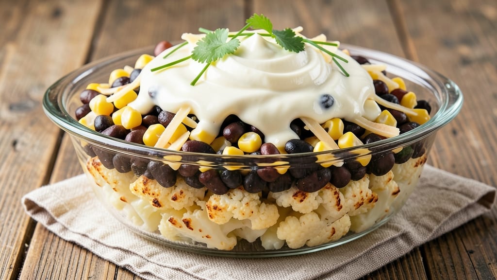 7 Layer Salad Recipe with Cauliflower: Warm Roasted Cauli Meets Cool Creamy Layers