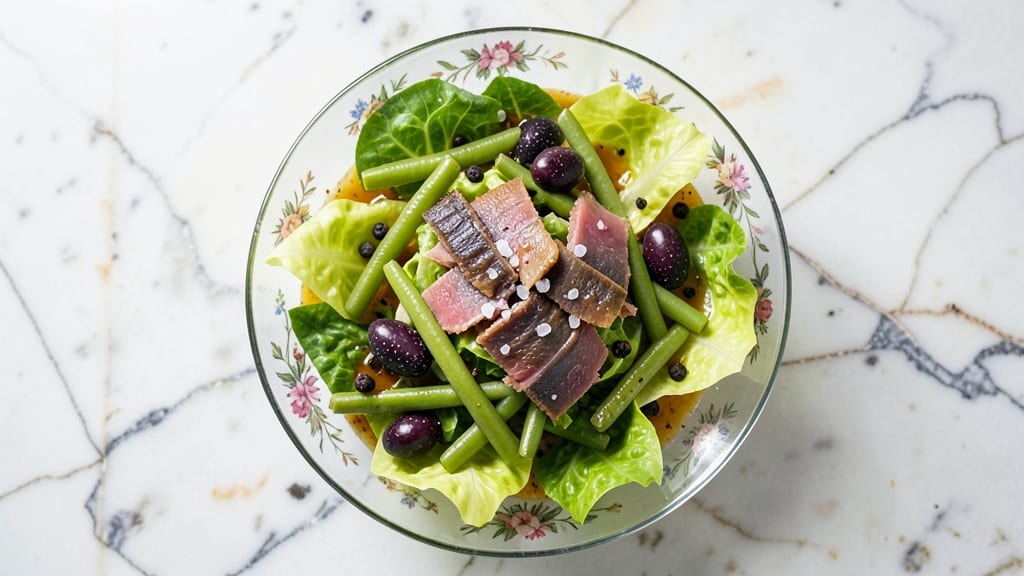 Classic Tuna Nicoise Salad Recipe: Crisp Anchovies and Niçoise Olives on Fresh Greens