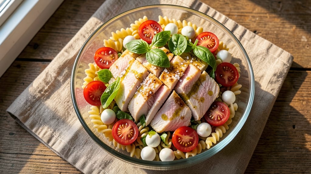 Caprese Chicken Pasta Salad Recipe: Tomato-Mozzarella Crunch Meets Herby Protein