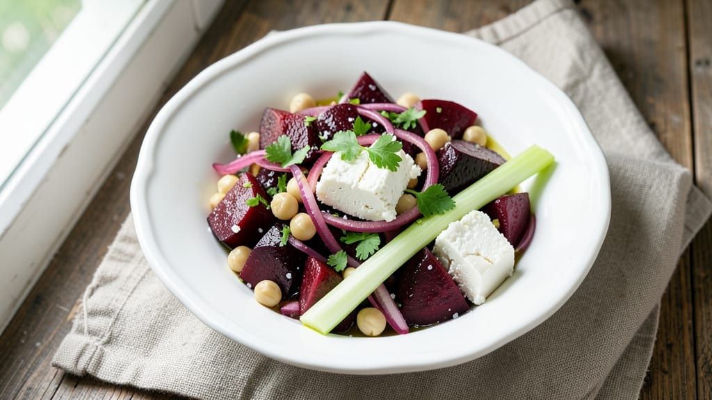 Chickpea, Beet, and Feta Salad Recipe: Earthy Sweetness With Crunchy Celery Crowns
