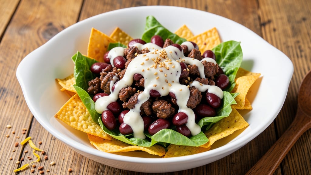 Taco Salad Recipe With Catalina Dressing and Kidney Beans: Crunchy Toppings and Tangy Southwest Flavor