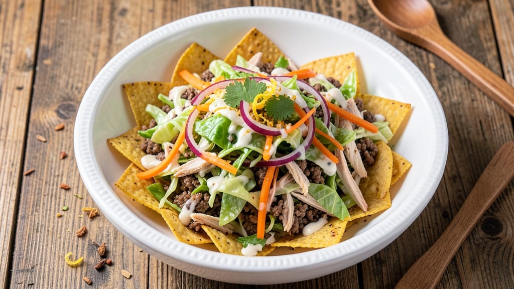 Coleslaw Taco Salad Recipe: Crunchy Tortilla Chips and Zesty Herb Cheese Fusion