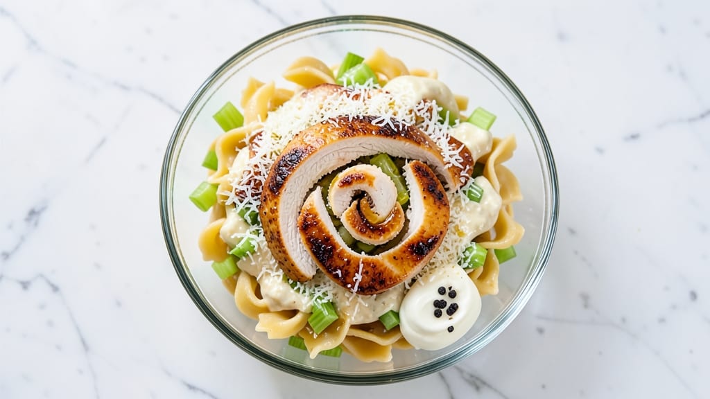 Chicken Caesar Bowtie Pasta Salad Recipe: Crisp Celery Crowns and Parmesan-Cream Cheese Crunch