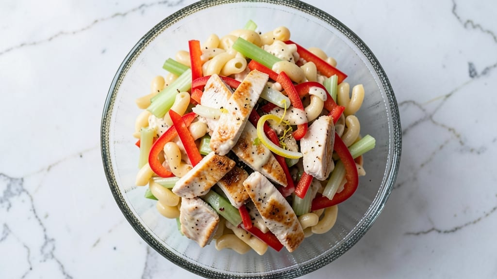 Chicken Macaroni Salad Recipe With Celery: Crunchy Celery Crowns and Creamy Herb Cheese Fusion