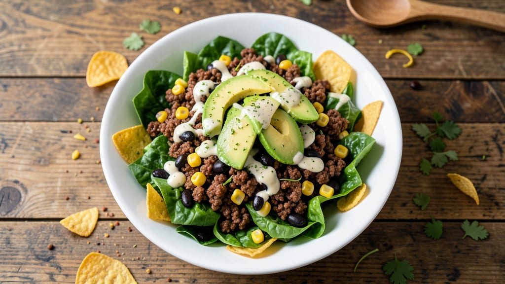 Cold Taco Salad Recipe With Ground Beef: Crunchy Tortilla Chips and Smoky Spiced Meat Fusion