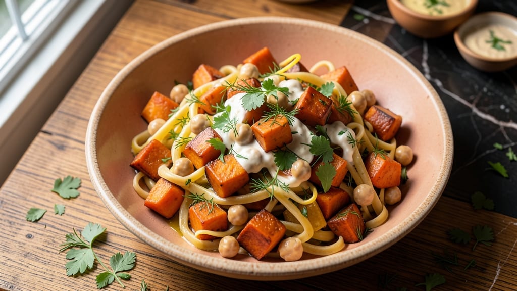 Sweet Potato Pasta Salad Recipe: Roasted Sweetness Meets Herbed Cream Cheese Twist