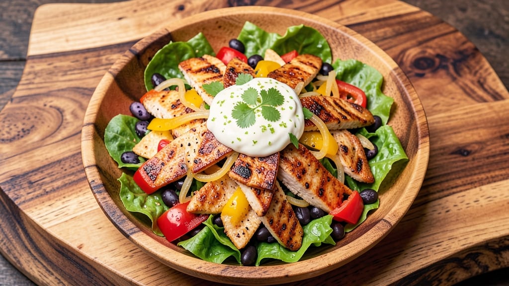 Chicken Fajita Taco Salad Recipe: Sizzling Peppers and Onions Over Crunchy Layers